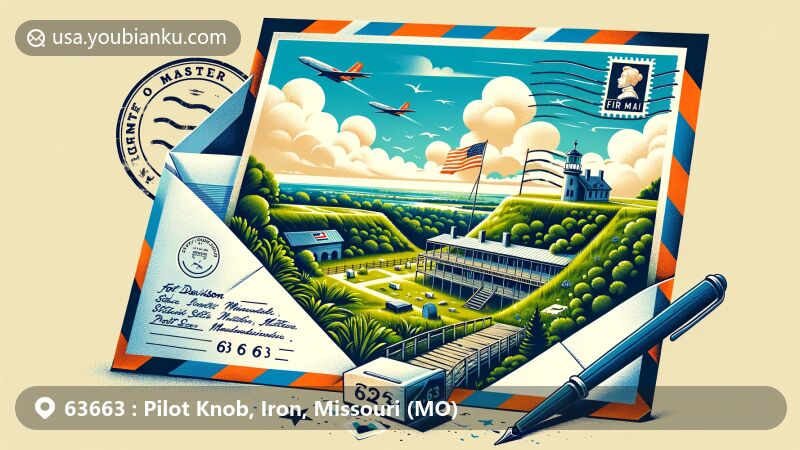 Modern illustration of Pilot Knob, Missouri, featuring airmail envelope with postcard of Fort Davidson State Historic Site, lush greenery, and remnants of the fort under clear blue sky, symbolizing communication and delivery.
