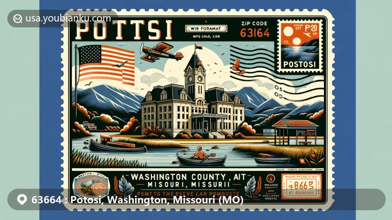 Modern illustration of Potosi, Washington County, Missouri, featuring courthouse, natural landscape, and vintage airmail envelope with postal elements and ZIP code 63664.