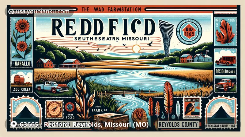 Modern illustration of Redford area, Reynolds County, Missouri, highlighting ZIP code 63665, featuring rural landscape with Sinking Creek, symbolic 1925 Tri-State Tornado, and Native American culture elements.
