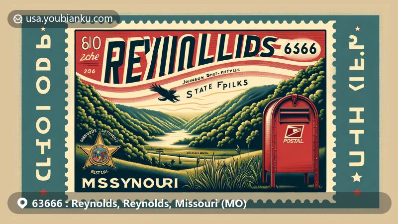 Modern illustration of Reynolds, Missouri, capturing the natural beauty of Reynolds County in the Ozark Foothills Region with vintage postcard design, featuring Johnson's Shut-Ins State Park and iconic red postal mailbox with ZIP code 63666.
