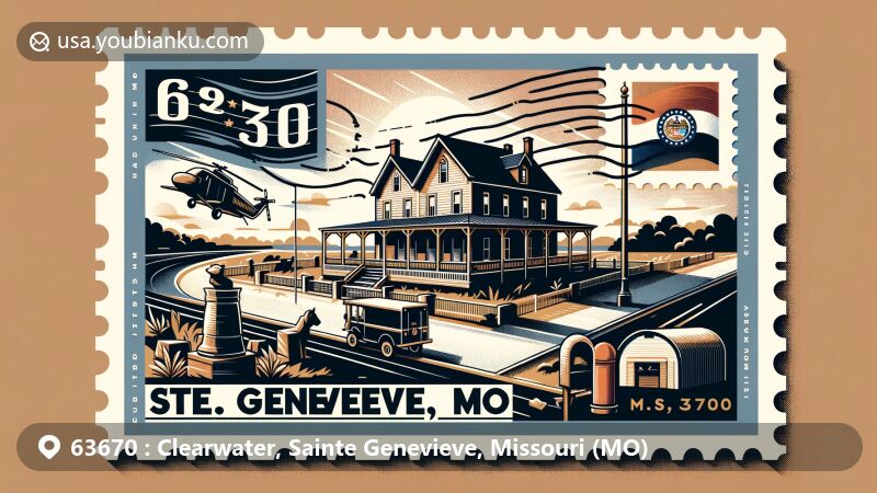 Modern illustration of Ste. Geneviève, Missouri, showcasing postal theme with ZIP code 63670, featuring Ste. Geneviève National Historical Park and Missouri state flag.
