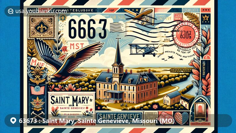 Modern illustration of Sainte Genevieve National Historical Park in ZIP code 63673, Saint Mary and Sainte Genevieve, Missouri, inspired by airmail and postcard design. Features Missouri flag, Sainte Genevieve map outline, stamps, and postmarks.