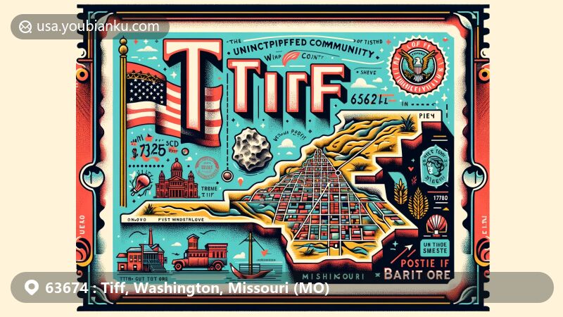 Modern illustration of Tiff area, Washington County, Missouri, with ZIP code 63674, featuring state flag, map outline, and barite ore. Includes postal elements like stamp and postmark.