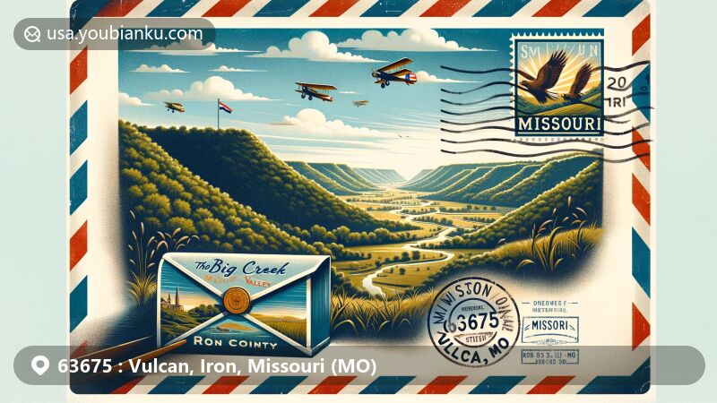 Modern illustration of Vulcan, Missouri, showcasing postal theme within ZIP code 63675, blending natural beauty of Big Creek valley with state symbols.