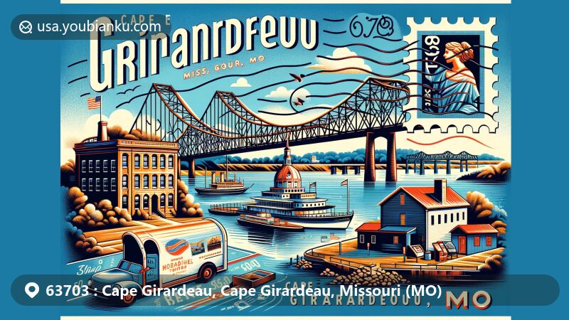 Modern illustration of Cape Girardeau, Missouri, highlighting postal theme with ZIP code 63703, featuring Bill Emerson Memorial Bridge, Fort D, and Mississippi River Tales Mural.