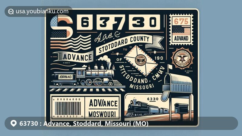 Modern illustration of Advance, Stoddard County, Missouri, showcasing postal theme with ZIP code 63730, incorporating Missouri state flag, vintage railroad motif, postage stamp, postmark, mailbox, and mail carriage.