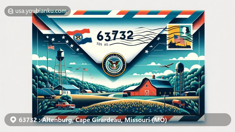 Modern illustration of Altenburg, Cape Girardeau County, Missouri, highlighting postal theme with ZIP code 63732. Features airmail envelope with postal elements, Missouri state flag, barns, farmland, and church silhouette.