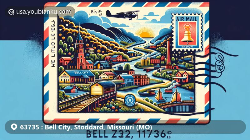 Modern illustration of Bell City, Stoddard County, Missouri, highlighting postal theme with ZIP code 63735, featuring Crowley's Ridge contours and historical sawmill town elements.