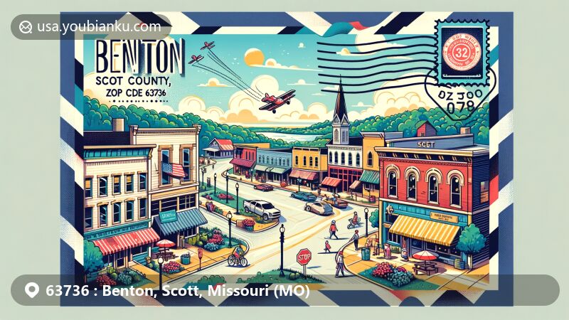 Charming illustration of Benton, Scott County, Missouri, capturing small-town community spirit and traditional American main street vibes with ZIP Code 63736, showcasing natural beauty and postal elements.