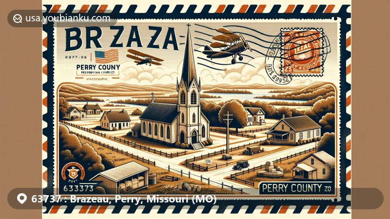 Modern illustration of Brazeau area in Perry County, Missouri, featuring Brazeau Presbyterian Church and Brazeau Museum, with rural landscapes, Mississippi River hints, vintage air mail envelope, Missouri state flag stamp, and ZIP code 63737.
