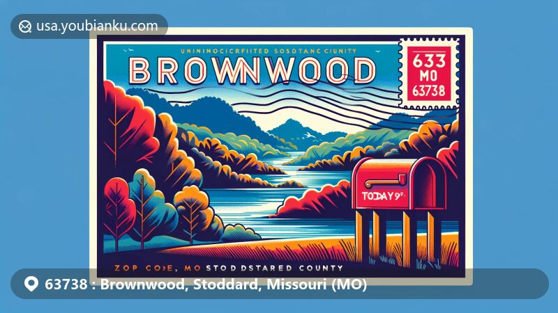 Modern illustration of Brownwood, Stoddard County, Missouri, representing postal theme with ZIP code 63738, featuring natural beauty with trees and river, blending County outline. Red mailbox and postmark 'Brownwood, MO 63738' with current date, symbolizing postal history, integrated elegantly and harmoniously, perfect for web graphics to attract audience attention, celebrating local geography and postal theme.