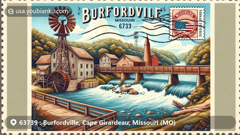 Modern illustration of Burfordville, Missouri, highlighting postal theme with ZIP code 63739, featuring Bollinger Mill and Burfordville Covered Bridge, set by the Whitewater River.