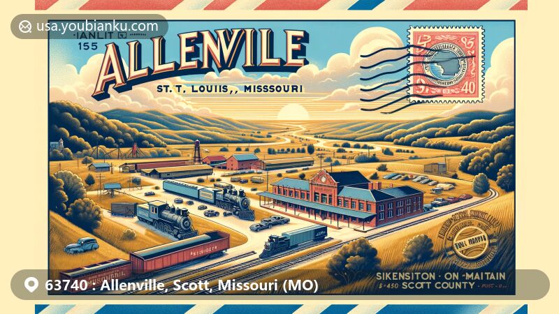 Modern illustration of Allenville, Scott County, Missouri, featuring air mail envelope design with postal theme, showcasing natural geography, railroad history, and symbolic representation of Sikeston St. Louis, Iron Mountain, and Southern Railway Depot.