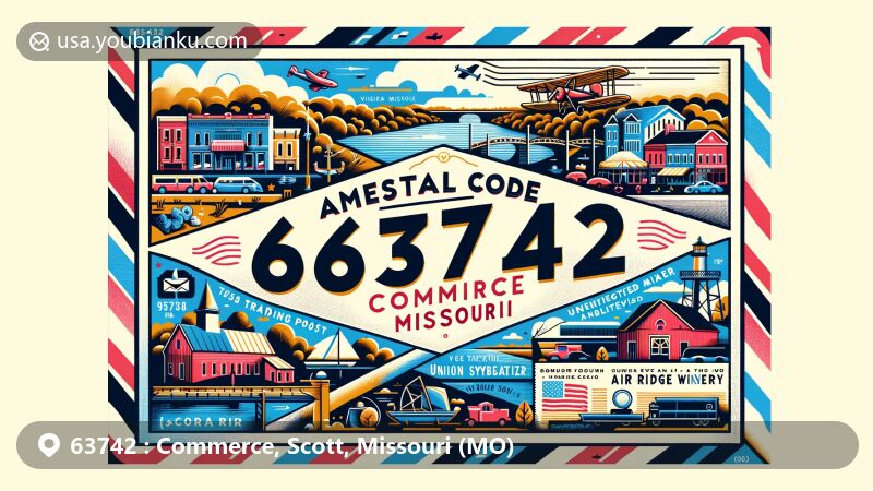 Modern illustration of Commerce, Scott County, Missouri, resembling a vintage air mail envelope, featuring Mississippi River and historical trading post established in 1803, with nods to Civil War and local attractions.
