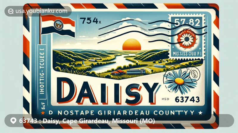 Modern illustration of Daisy, Missouri, inspired by postal theme with vintage airmail envelope, showcasing picturesque landscape with rolling hills, lush greenery, and iconic Mississippi River. Features ZIP code 63743 and Missouri state flag.