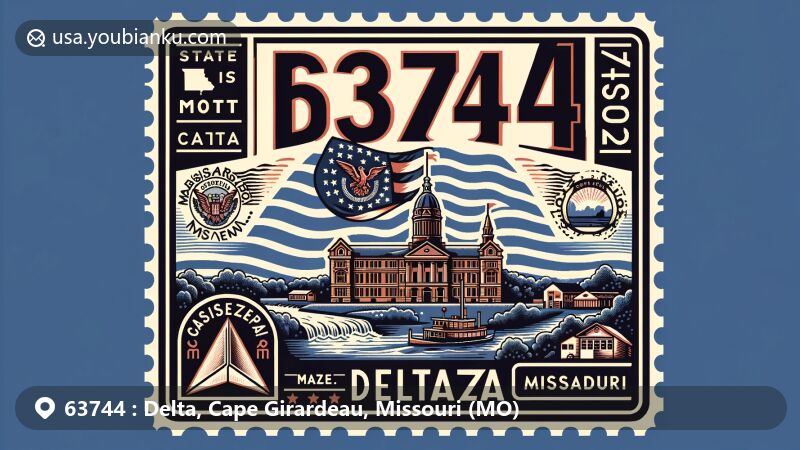 Modern illustration of ZIP code 63744, representing Delta in Cape Girardeau County, Missouri, featuring a stylized map outline, the Missouri state flag, iconic landmarks like the Mississippi River, and postal elements with vintage postcard layout and agricultural symbolism.