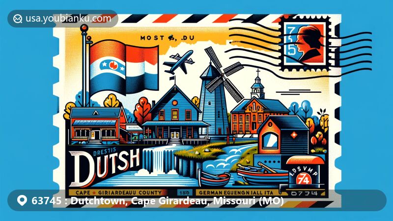 Modern illustration of Dutchtown, Missouri, with ZIP code 63745, featuring Cape Girardeau County outline, Missouri state flag, and historic landmarks like Rodney's Mill and German Evangelical Church.
