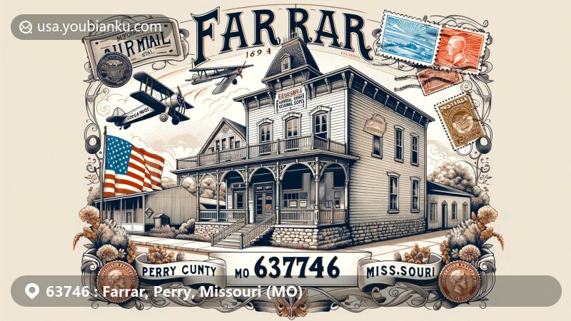 Modern illustration of Farrar, Perry County, Missouri, showcasing historic Eggers and Company General Store from 1894 in weatherboard-clad frame and limestone foundation. Vintage postcard design features postal motifs and Missouri state flag.