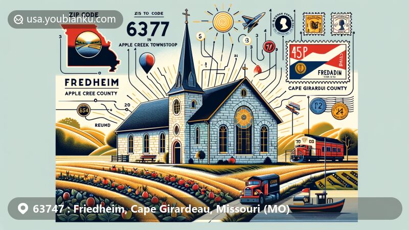 Modern illustration of Friedheim, Cape Girardeau County, Missouri, featuring postal theme for ZIP code 63747, with German heritage elements and symbolic depiction of Cape Girardeau County.