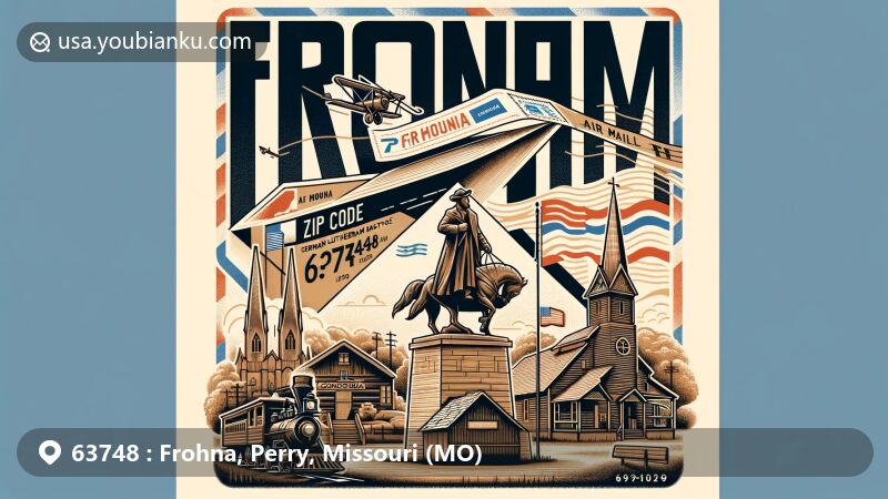 Modern wide-format illustration of Frohna, Missouri, blending German heritage with postal themes, showcasing ZIP code 63748, featuring Saxon Lutheran Memorial, Carl Ferdinand Wilhelm Walther statue, and Concordia Lutheran Church.