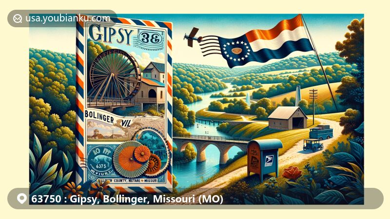 Modern illustration of Gipsy, Bollinger County, Missouri, merging postal elements with iconic mill and Missouri state flag, featuring ZIP code 63750.