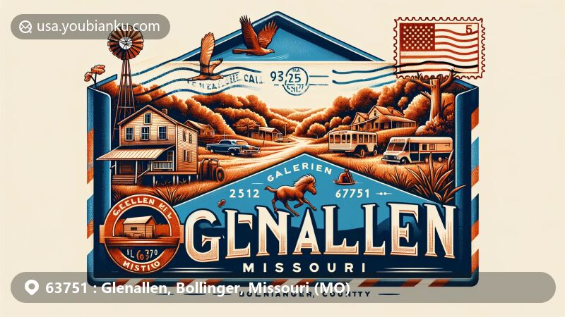 Modern illustration of Glenallen, Missouri, in Bollinger County, featuring an open air mail envelope with local landscapes and postal elements.