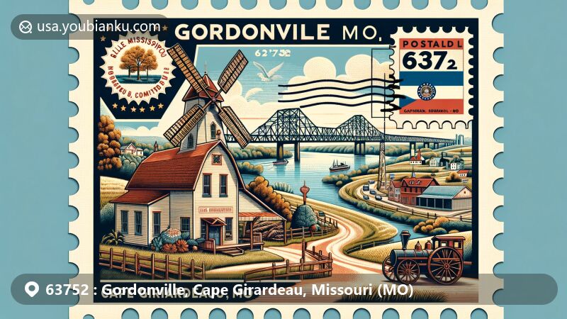 Modern illustration of Gordonville, Cape Girardeau County, Missouri, capturing the essence of rural life with historic mill or German-style church, featuring Mississippi River, Bill Emerson Memorial Bridge, postal symbols, and Missouri state flag.