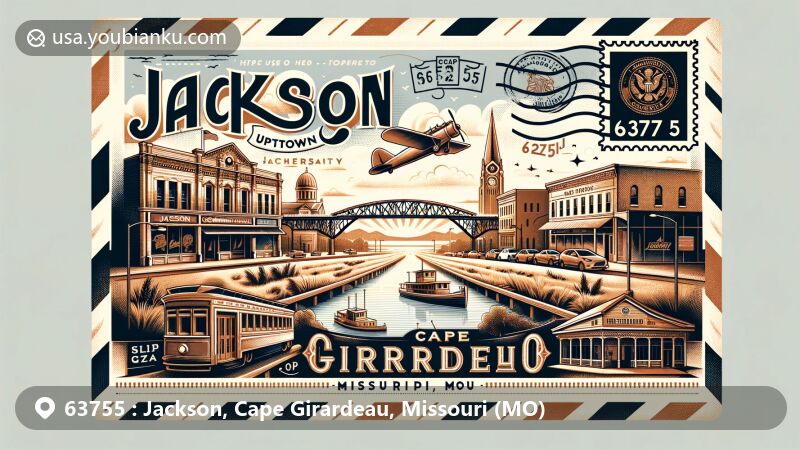 Modern illustration of Jackson and Cape Girardeau, Missouri, capturing the essence of the region with elements like the Jackson Uptown Commercial Historic District, Bill Emerson Memorial Bridge, and Missouri Wall of Fame. Features vintage air mail envelope design with postal theme and ZIP code 63755.