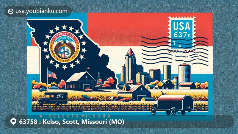 Creative illustration of Kelso village, Scott County, Missouri, blending regional elements with postal theme for ZIP code 63758, inspired by Missouri state flag, showcasing local landscapes and postal motifs.