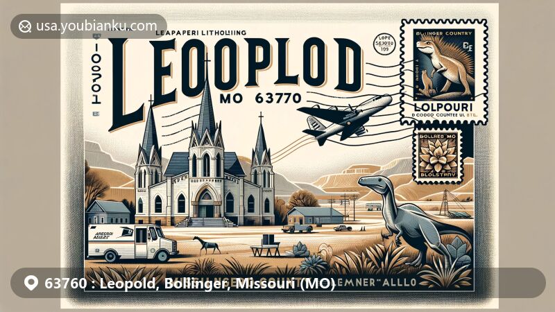 Modern illustration of Leopold, Bollinger County, Missouri, highlighting postal theme with ZIP code 63760, featuring St. John's Catholic Church, the 'Missouri dinosaur,' and diverse landscapes of Ozark Hills and Mississippi Delta.