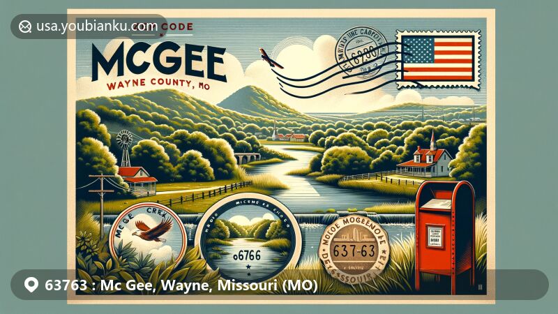 Modern illustration of McGee, Wayne County, Missouri, featuring McGee Creek, Mingo Swamp, and a vintage postcard design with Missouri state symbols, including a postal mark with ZIP code 63763 and a red postal mailbox.