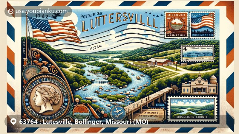 Modern illustration of Lutesville/Marble Hill, Bollinger County, Missouri, blending natural landscapes with postal themes, featuring Crooked Creek, Opossum Creek, Bollinger County Museum of Natural History, and Veterans Memorial Wall.