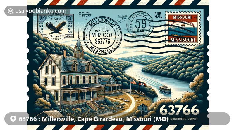 Modern illustration of Millersville area in Cape Girardeau County, Missouri, blending local features with postal themes, showcasing lush forests, Big River, and outdoor activities like hiking and fishing, overlaid on a Missouri state flag and airmail envelope.
