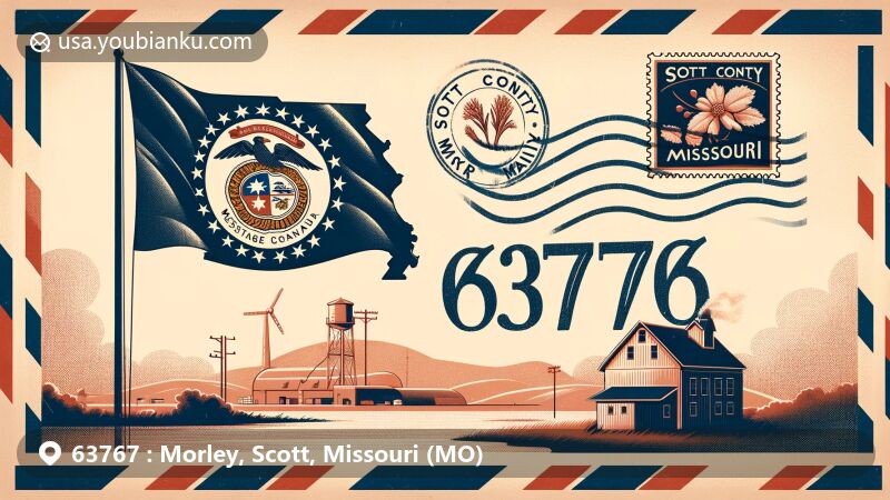 Modern illustration of Morley, Scott County, Missouri, featuring vintage air mail envelope design with Missouri flag, iconic outline of Scott County, postal stamp with state bird and flower, postmark dated February 10, 2024, and ZIP code 63767.