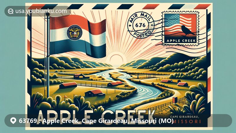 Modern illustration of Apple Creek, Cape Girardeau County, Missouri, showcasing natural beauty and postal theme with ZIP code 63769, featuring Missouri state flag.