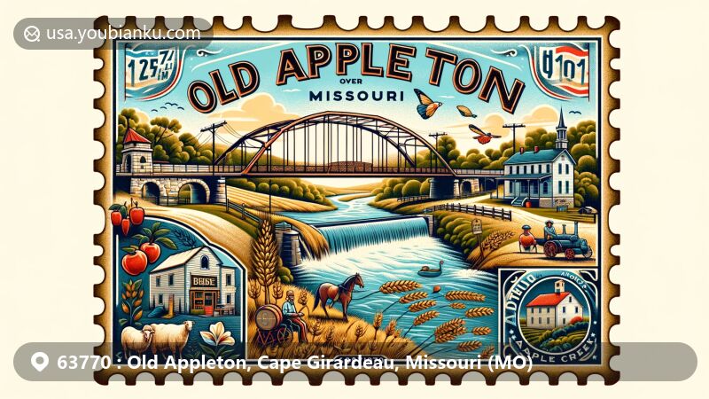 Modern illustration of Old Appleton, Cape Girardeau County, Missouri, featuring the Old Appleton Bridge over Apple Creek and elements representing the area's rich history and culture.