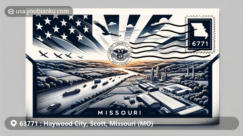 Modern illustration of Haywood City, Scott County, Missouri, featuring postal theme with ZIP code 63771, showcasing state flag and map, with hints of Midwest characteristics.