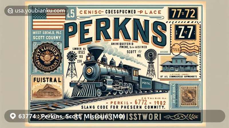 Creative and modern illustration of Perkins, Scott County, Missouri, representing ZIP code 63774 with rural landscape, mail envelope for postal theme, and Missouri state flag.