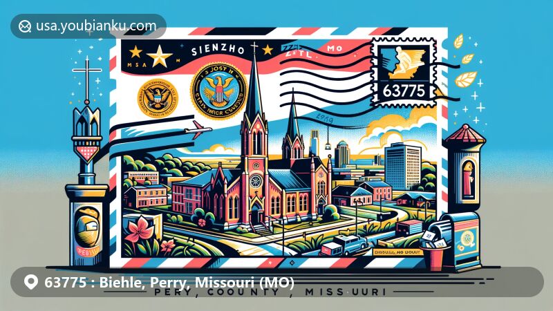 Modern illustration of Biehle, Perry County, Missouri, emphasizing St. Joseph's Catholic Church and Saint Maurus Church, with airmail envelope showcasing ZIP code 63775, Missouri state flag, and Perry County outline.