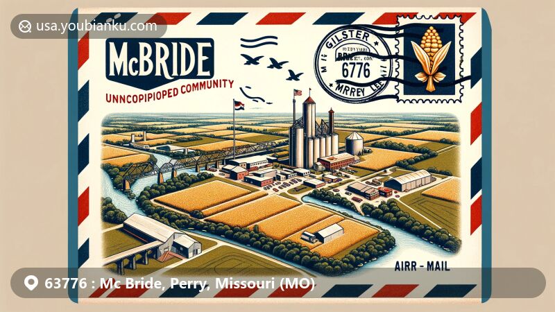 Modern illustration of McBride Community, Perry County, Missouri, showcasing Bois Brule Bottomland scenery, vintage airmail envelope with ZIP code 63776, featuring Gilster-Mary Lee Popcorn and Cereal plant, Missouri state flag, and Perry County map outline.