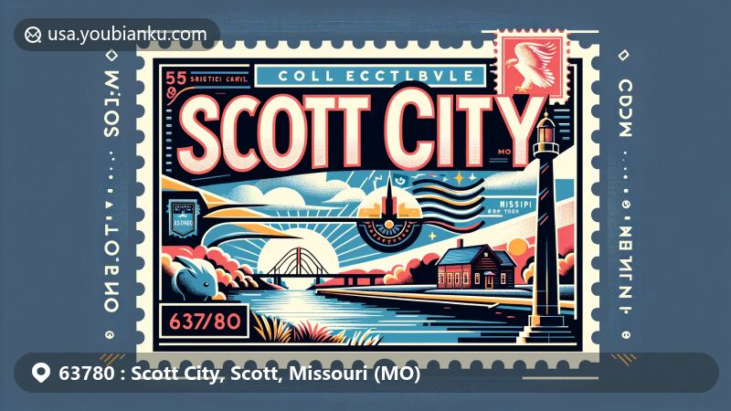 Modern illustration of Scott City, Missouri, ZIP code 63780, showcasing postal theme with stamp and postmark, featuring 'The Yule Log Cabin' landmark, Mississippi River symbol, and vibrant colors.