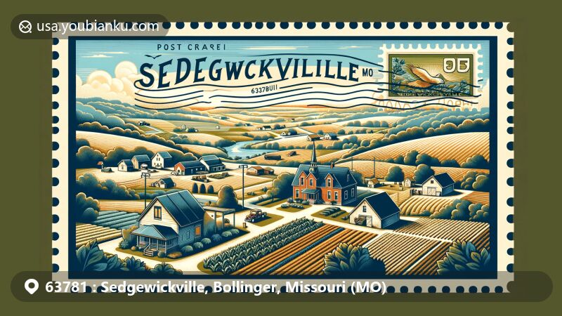 Modern illustration of Bollinger-Dolle Mill in Sedgewickville, Missouri, featuring historic mill in scenic countryside with ZIP code 63781 and Missouri symbol.