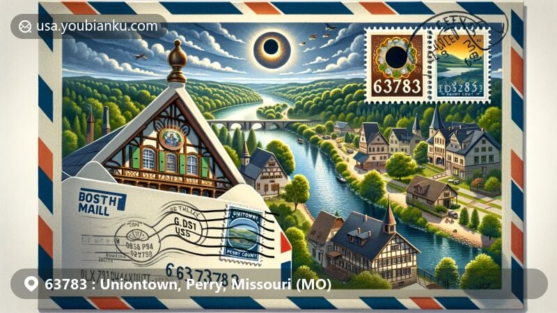 Modern illustration of Uniontown, Perry County, Missouri, showcasing rich German heritage with traditional architecture and natural beauty along the Mississippi River, featuring postal theme with vintage airmail envelope, stamps, and postal mark prominently displaying '63783' ZIP code. Envelope slightly open to reveal town scenery against the backdrop of the river and lush greenery, reflecting European-influenced architecture in village setting. Hinting at anticipation for 2024 solar eclipse with a subtle depiction in the sky above the river. Vibrant and visually appealing artwork seamlessly integrating diverse elements to celebrate Uniontown's uniqueness, history, and postal service connection.