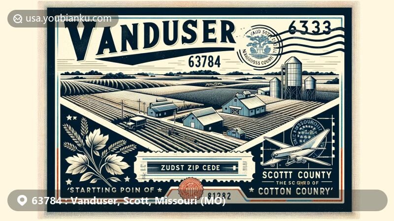 Modern illustration of Vanduser, Scott County, Missouri, showcasing agricultural heritage as 'The Starting Point of Cotton Country,' with vintage postcard design, ZIP code 63784, and Missouri state flag outline.