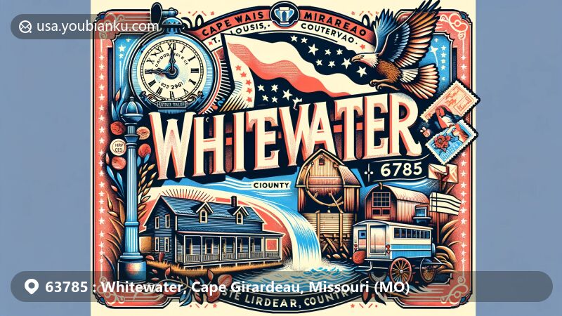 Modern illustration of Whitewater, Missouri, showcasing postal theme with ZIP code 63785, featuring historical references, Missouri state flag, and vintage postal elements.