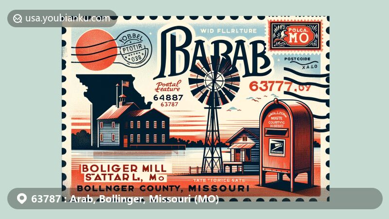 Modern illustration of Arab, Bollinger County, Missouri, showcasing postal theme with ZIP code 63787, featuring Bollinger Mill State Historic Site and local postal elements.