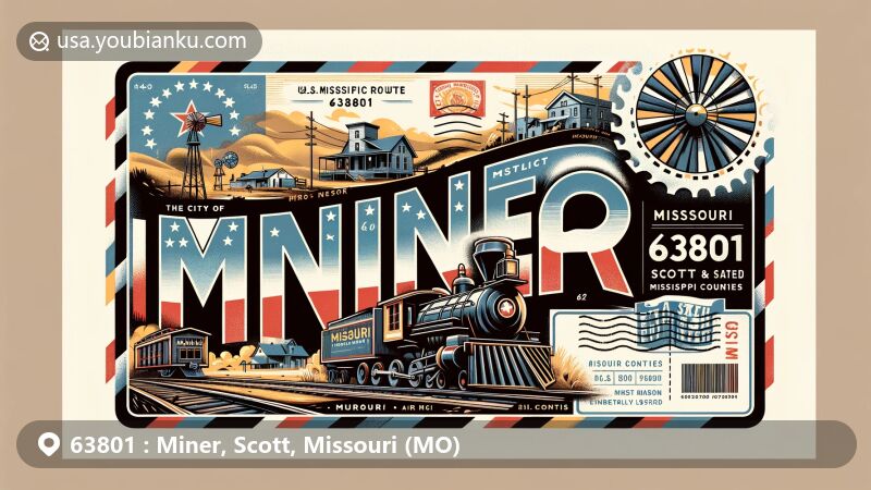 Modern illustration of Miner, Missouri, showcasing postal theme with ZIP code 63801, featuring Missouri Pacific Railroad history, Interstate 55, and U.S. Route 62 intersection, with Missouri state flag integration.