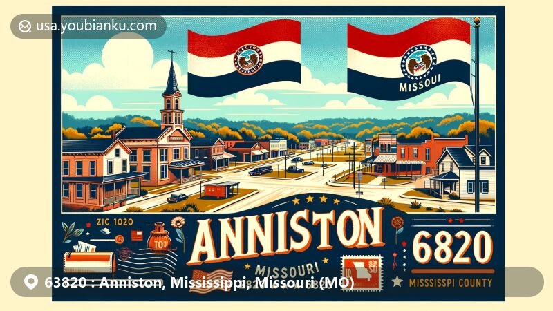 Modern illustration of Anniston, Mississippi County, Missouri, showcasing postal theme with ZIP code 63820, featuring Midwestern town scenery and Missouri state flag.