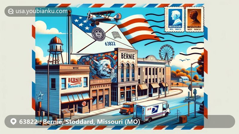 Modern illustration of Bernie, Stoddard, Missouri, showcasing postal theme with ZIP code 63822, featuring air mail envelope, stamps, postmark, postal truck, and Missouri state flag.