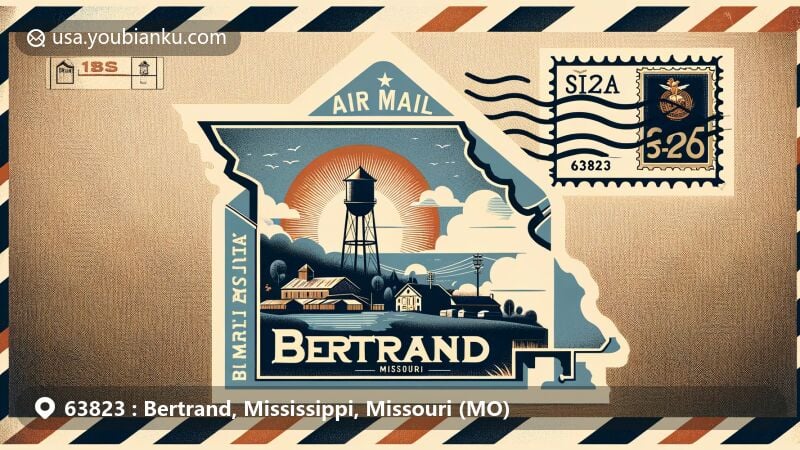 Modern illustration of Bertrand, Mississippi County, Missouri, capturing the essence of rural charm with a vintage air mail theme showcasing a postcard highlighting the town's location, including Missouri silhouette, water tower, vintage stamp with ZIP code 63823, and area code 573.